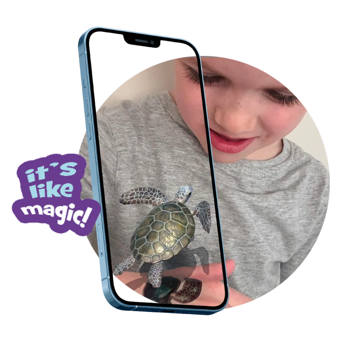 enfant-utilisant-stickers-holotoyz garcon-emerveille-devant-tortue-en-realite-augmente